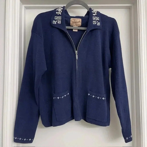 VTG Woolrich Full Zip Cardigan Navy Embroidered Sz M Cottagecore Grandma - Picture 1 of 8